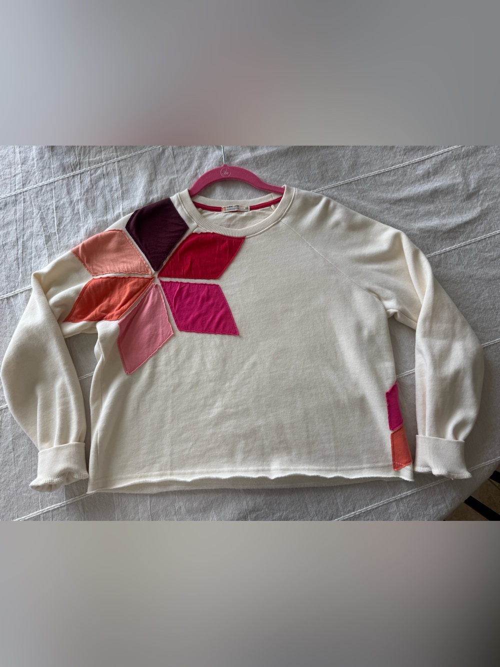 Marine Layer Archive Summit Sweatshirt Cream Multi Patchwork Raw Hem Cropped S